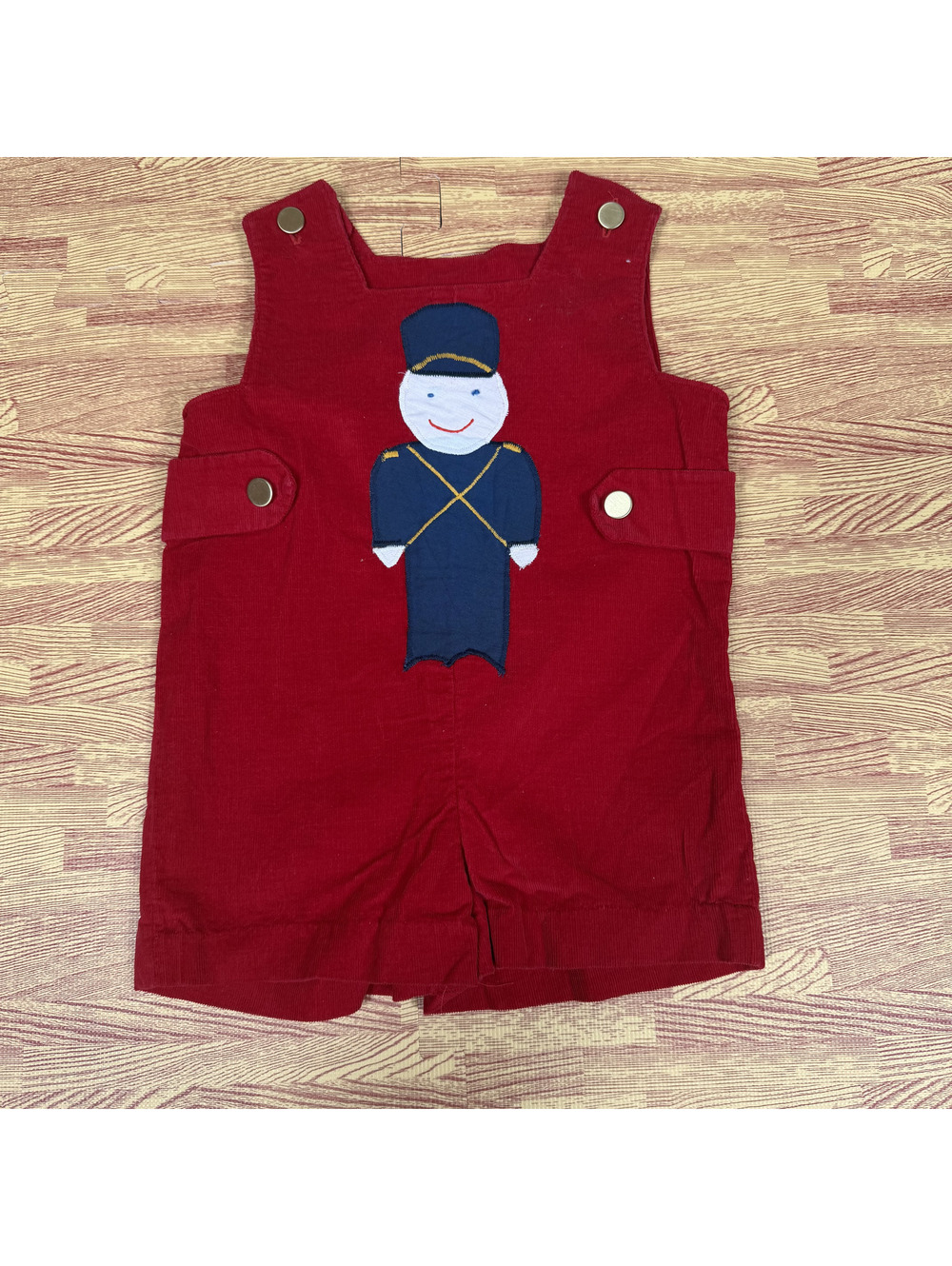 Toddler red shortall romper with soldier applique